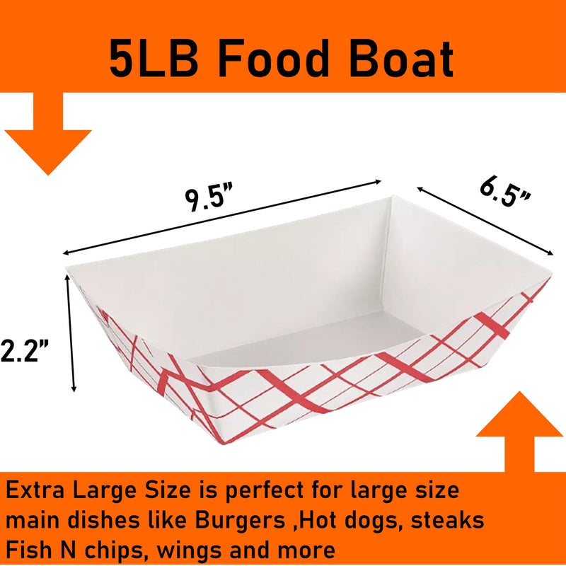 Mr. Miracle Mr Miracle Paper Food Trays, Red & White Checkered Paper. Extra Large (5LB). 100 Pack, Disposable, Recyclable Serving Boats.For Condiments, Snacks & Concession Food, Grease Ressistant - Image 2